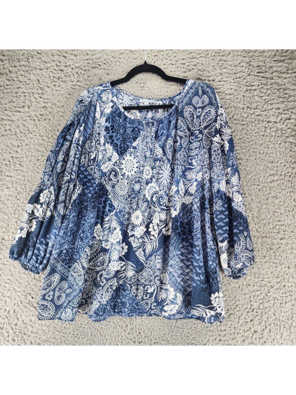 Floral & Ivy Top Womens XL Blue Floral Print 3/4 Sleeve Peasant Blouse